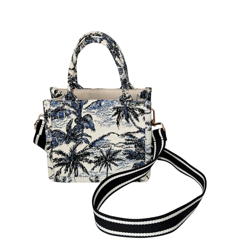 H&M Mini Tote Jacquard Tote Palm Tree Leaf Tropical Bag Crossbody Strap Blue EUC - Picture 2 of 11